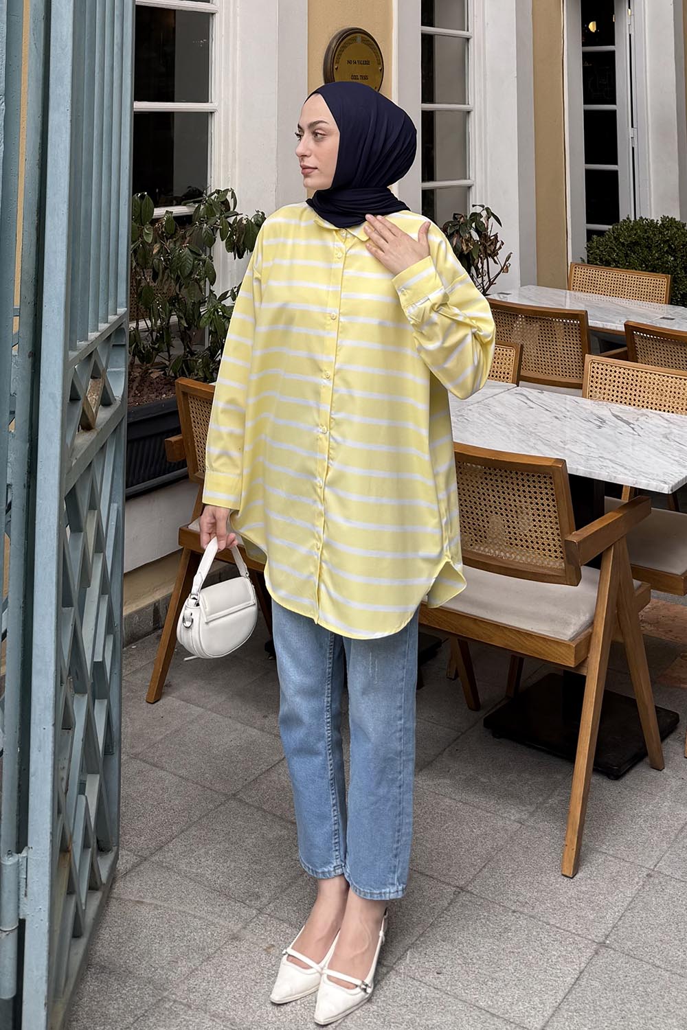 Lamelif Oversize Çizgi Detaylı Gömlek Sarı