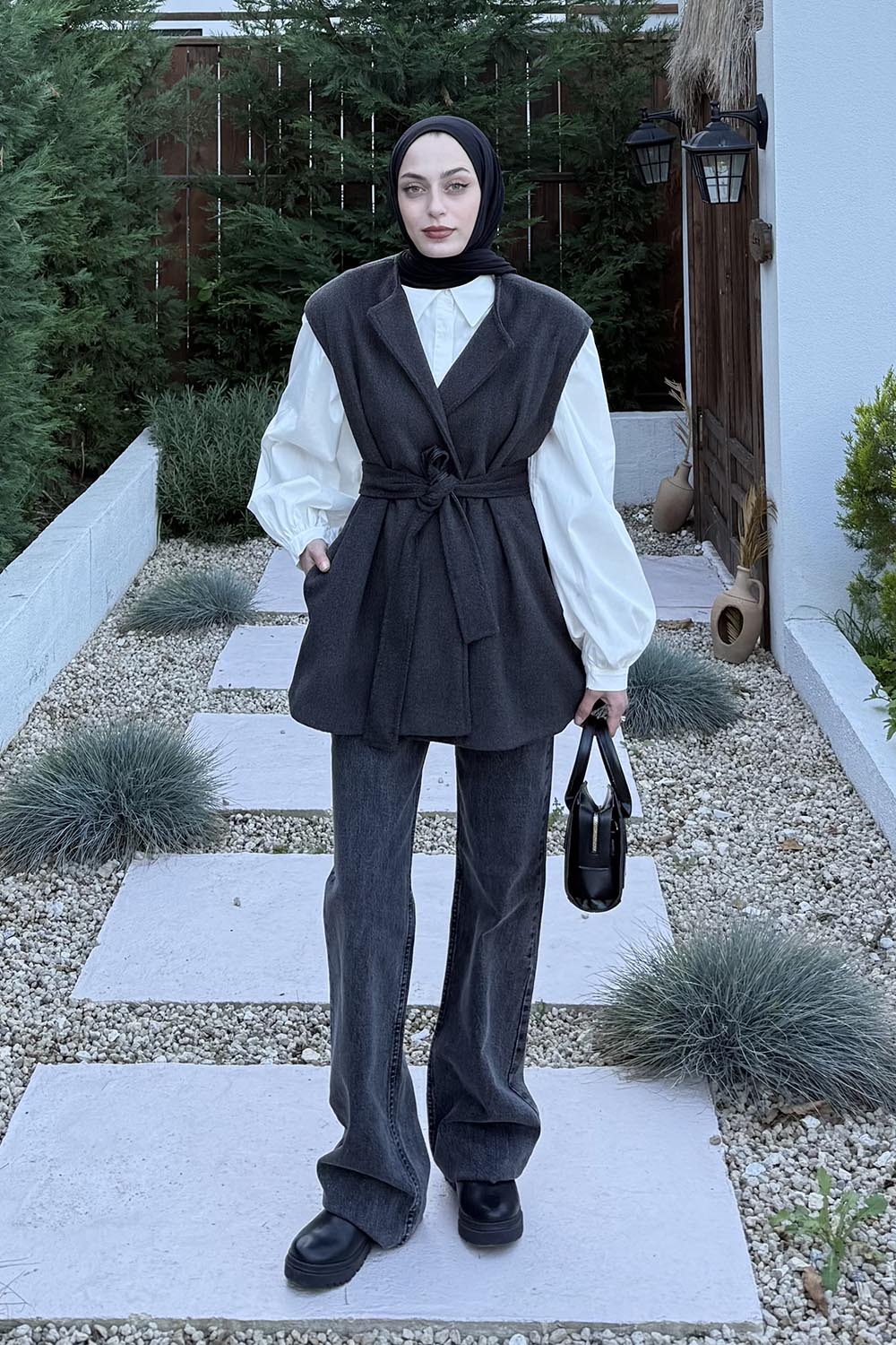 Lamelif Bağlamalı Kaşe Yelek Antrasit