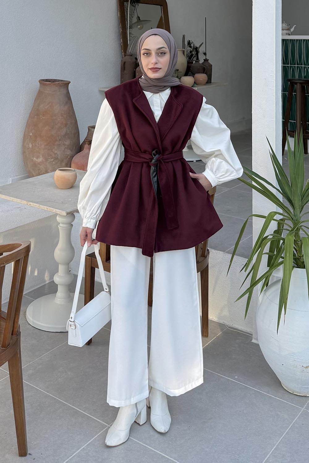 Lamelif Bağlamalı Kaşe Yelek Bordo
