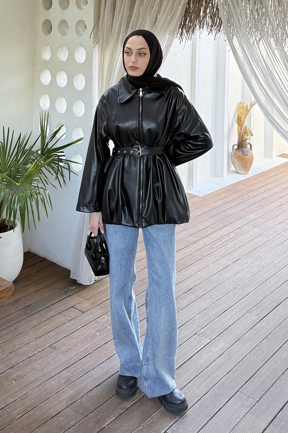 Lamelif Deri Trençkot Siyah