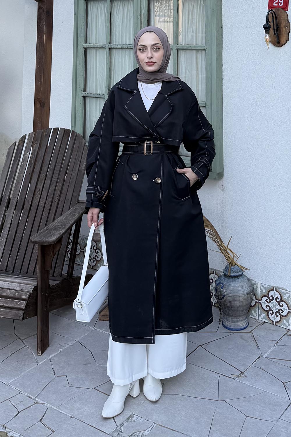 Black Long Arm Lycra Trench Coat