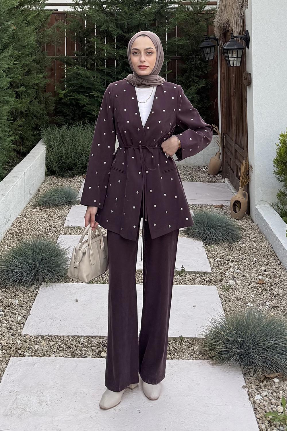 Plum V Neck Long Arm Cotton Regular Trousers Material Suit