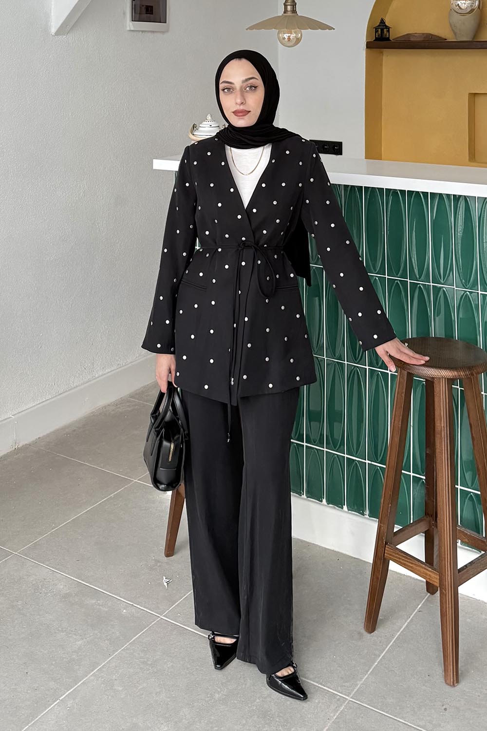 Lamelif Zımba Detaylı Pantolon-Ceket Takım Siyah