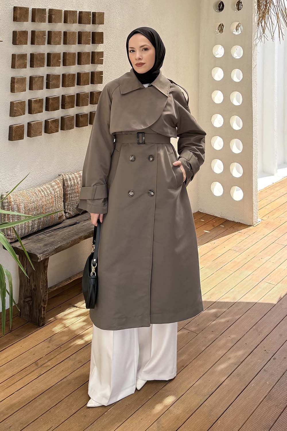 Lamelif Cep Yaka Trençkot Haki