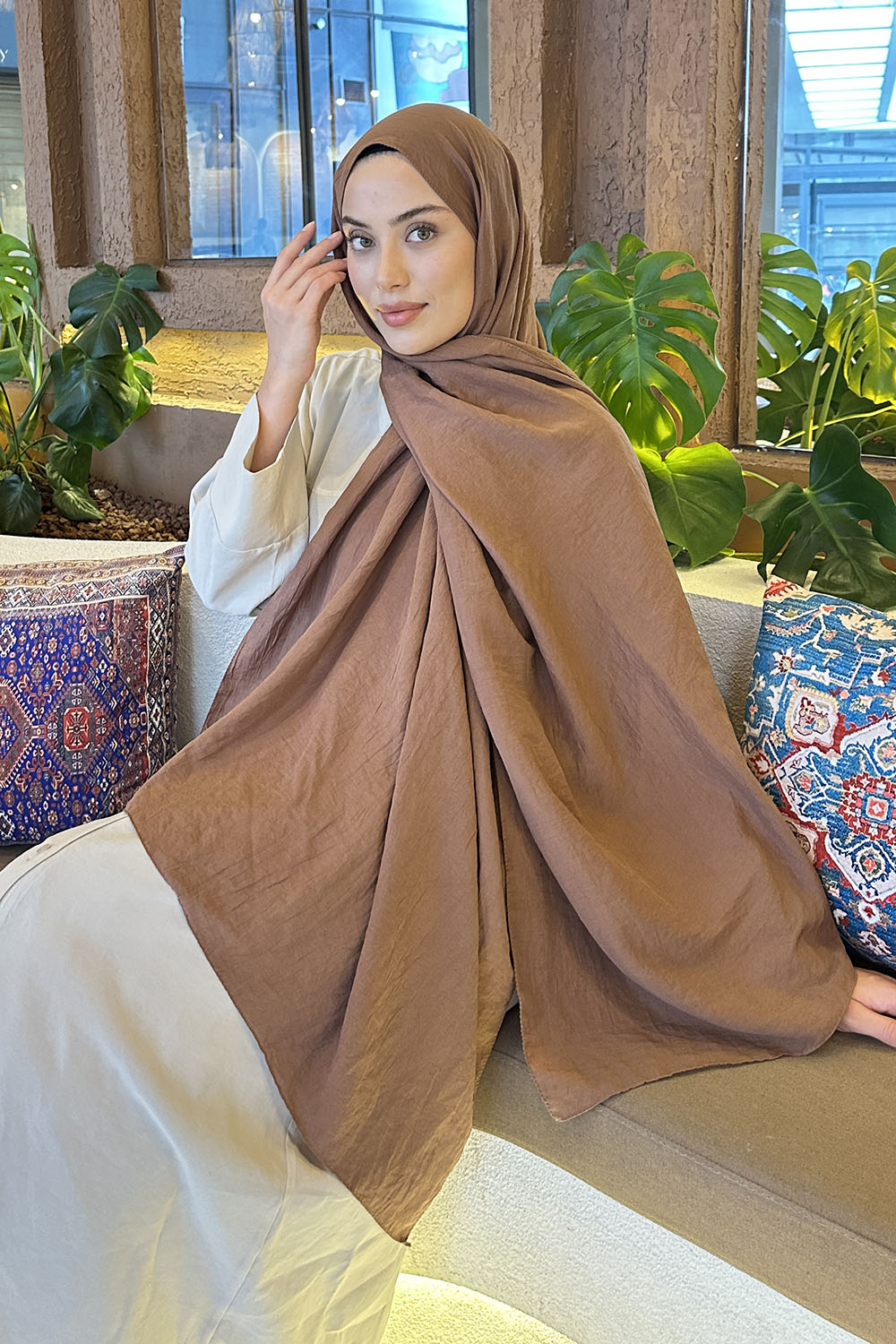 Brown With Milk Cotton Straight Shawl