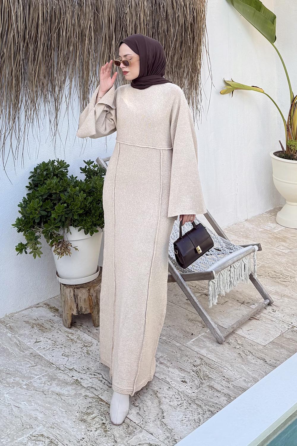 Lamelif Craç İplik Tesettür Elbise Camel