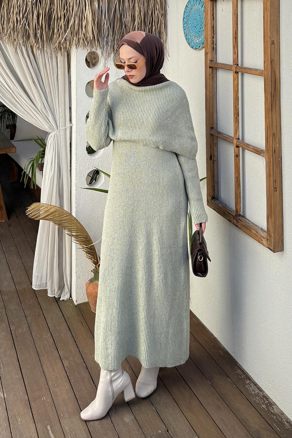 Lamelif Pelerin Yaka Triko Tesettür Elbise Yeşil