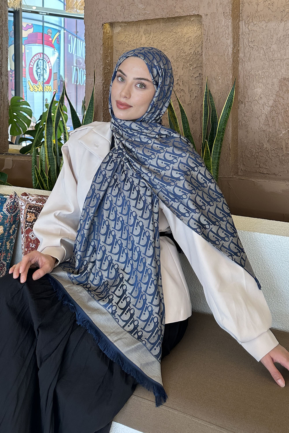 Lamelif Dior Desen Kaşmir Çift Taraflı Şal Gece Mavisi