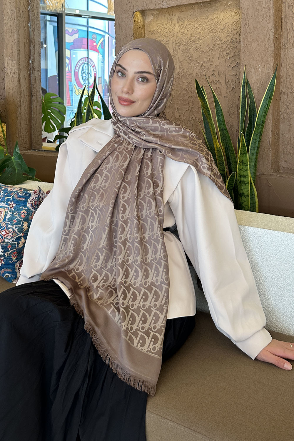 Brown Cotton Fabric Cashmere Striped Printed Shawl