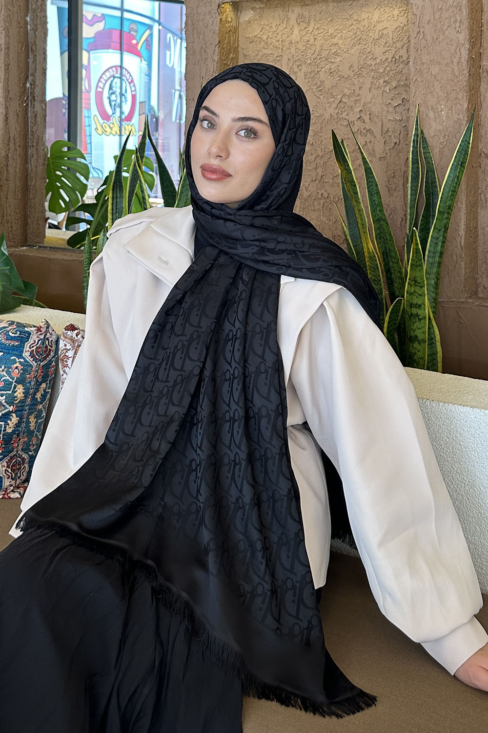 Lamelif Dior Desen Kaşmir Çift Taraflı Şal Siyah