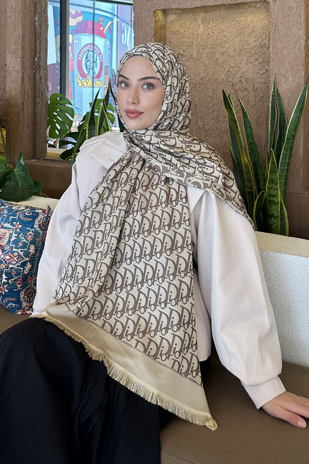 Soft Brown Cotton Fabric Cashmere Striped Printed Shawl