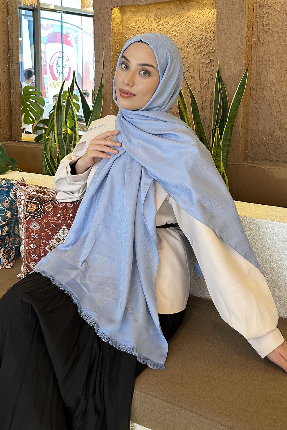 Lamelif Etnik Retro Desen Kaşmir Çift Taraflı Şal Bebe Mavisi