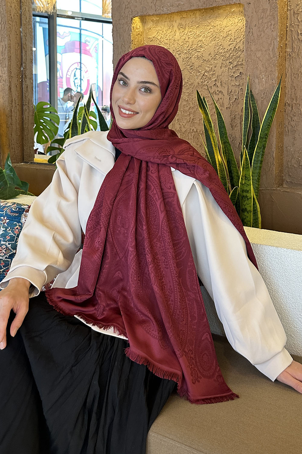 Lamelif Etnik Retro Desen Kaşmir Çift Taraflı Şal Bordo