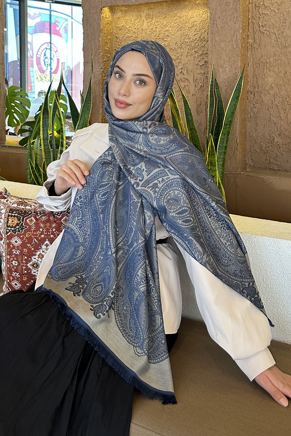 Midnight Blue Cotton Fabric Cashmere Striped Printed Shawl