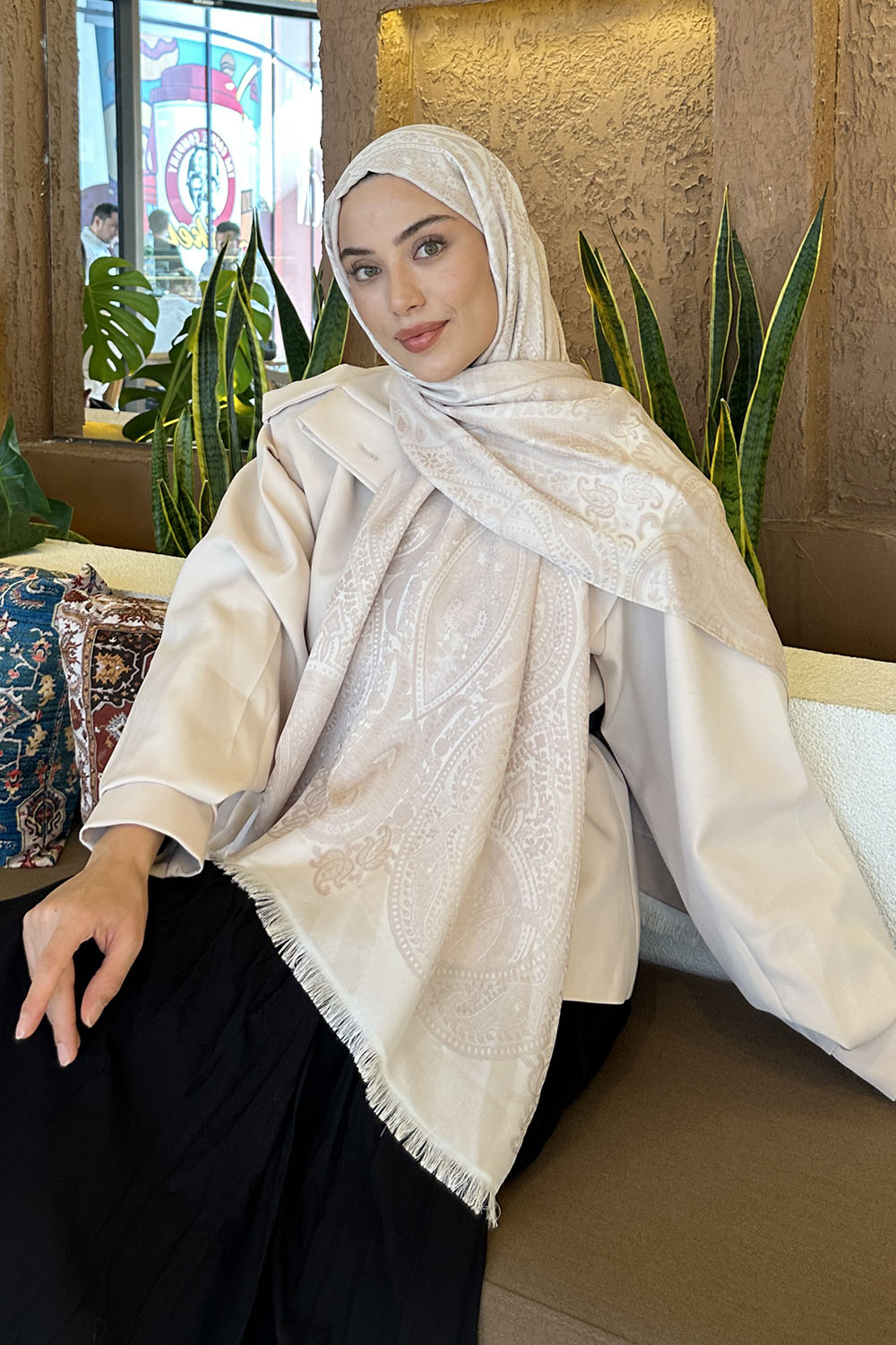 Lamelif Etnik Retro Desen Kaşmir Çift Taraflı Şal Vizon