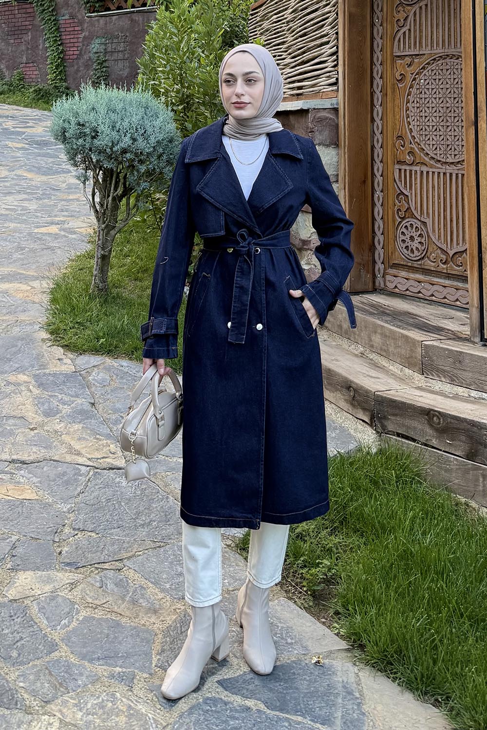 Lamelif Denim Kuşaklı Trenç Kot Mavisi