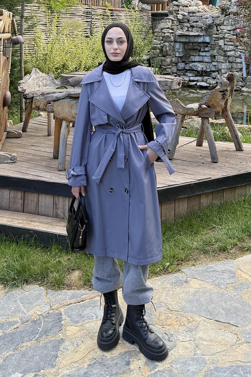 Anthracite Long Arm Belted Cotton Trench Coat