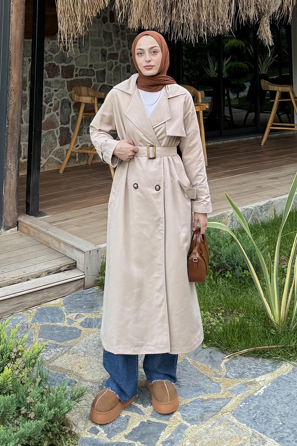 Beige Long Arm Belted Cotton Trench Coat