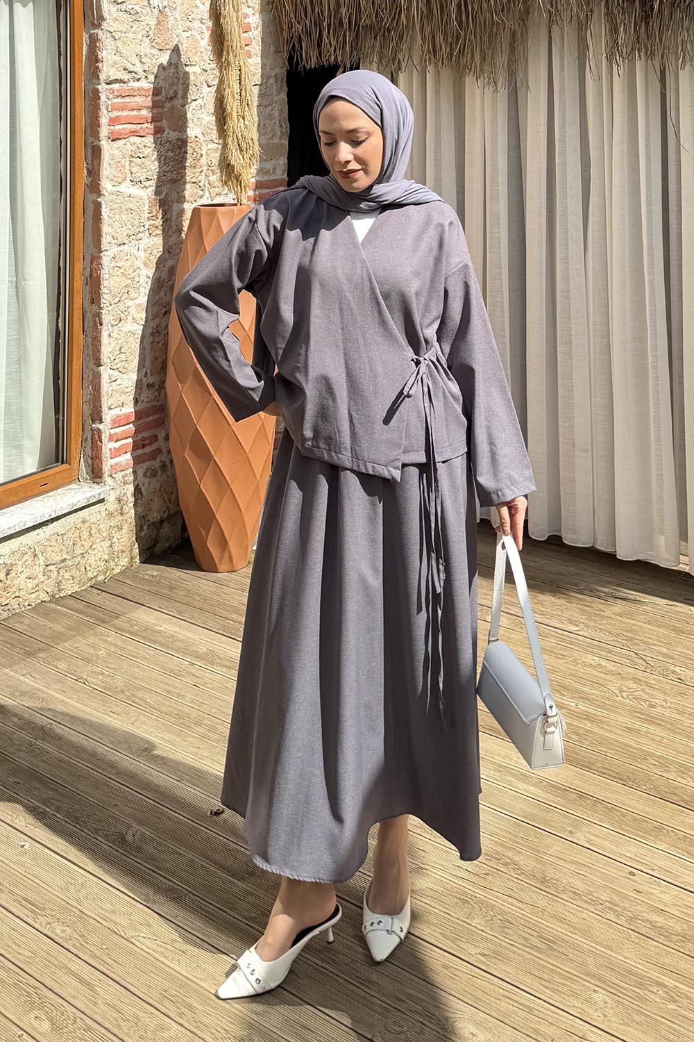 Lamelif Bağlama Detaylı Etekli Takım Antrasit