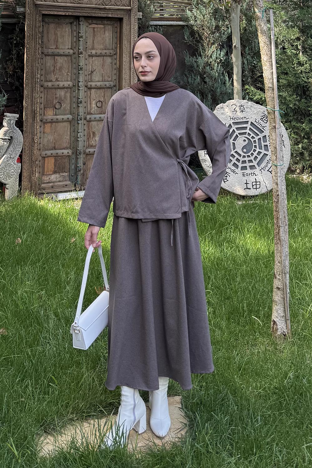 Lamelif Bağlama Detaylı Etekli Takım Vizonrengi