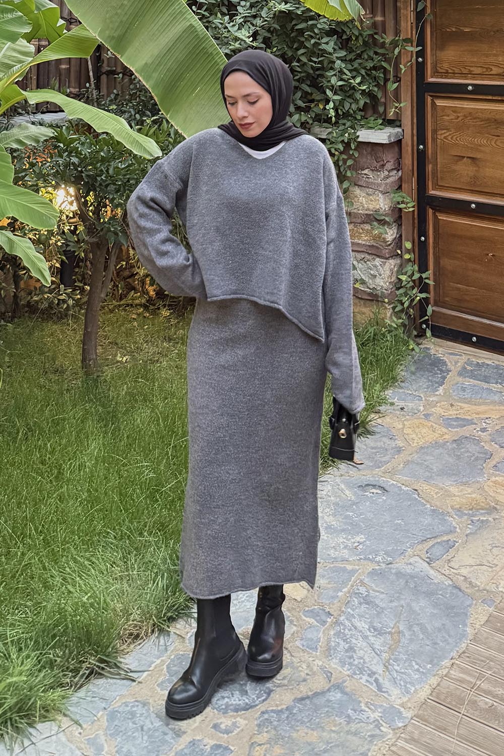 Lamelif Etekli Triko Takım Antrasit