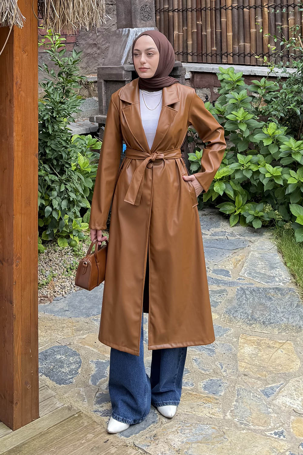 Lamelif Kuşaklı Deri Trençkot Camel