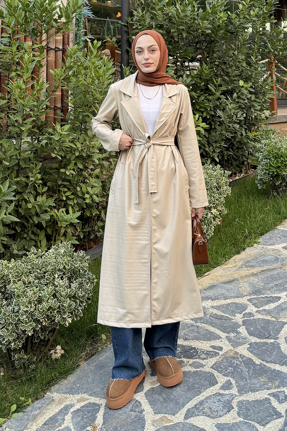 Lamelif Kuşaklı Deri Trençkot Taş Rengi