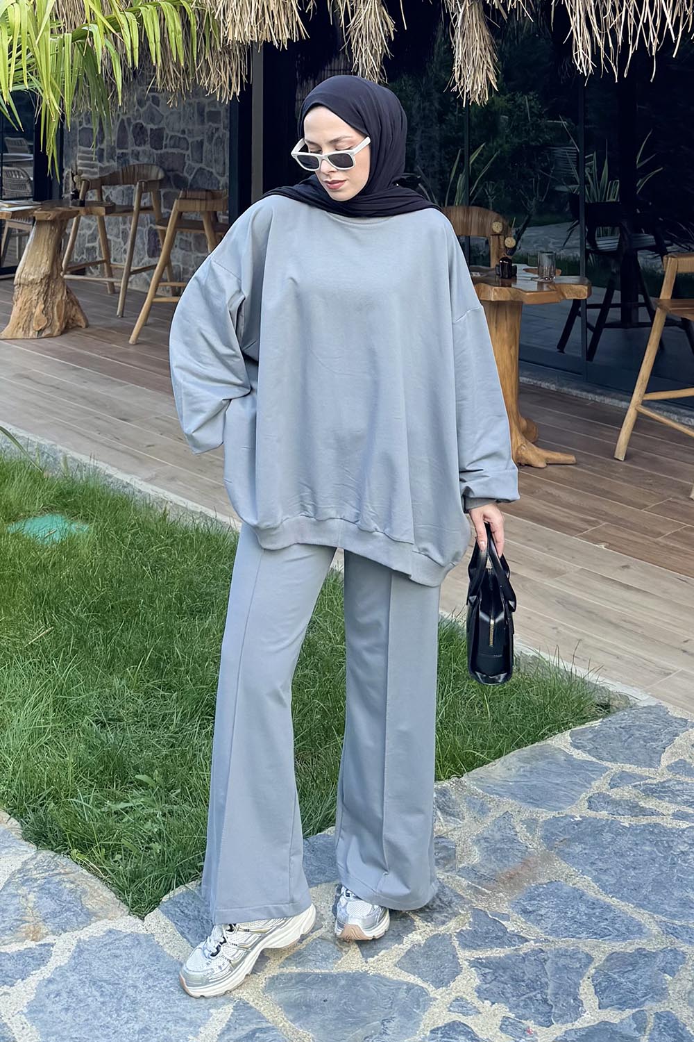 Lamelif Oversize Sweatshirt İkili Tesettür Takım Gri