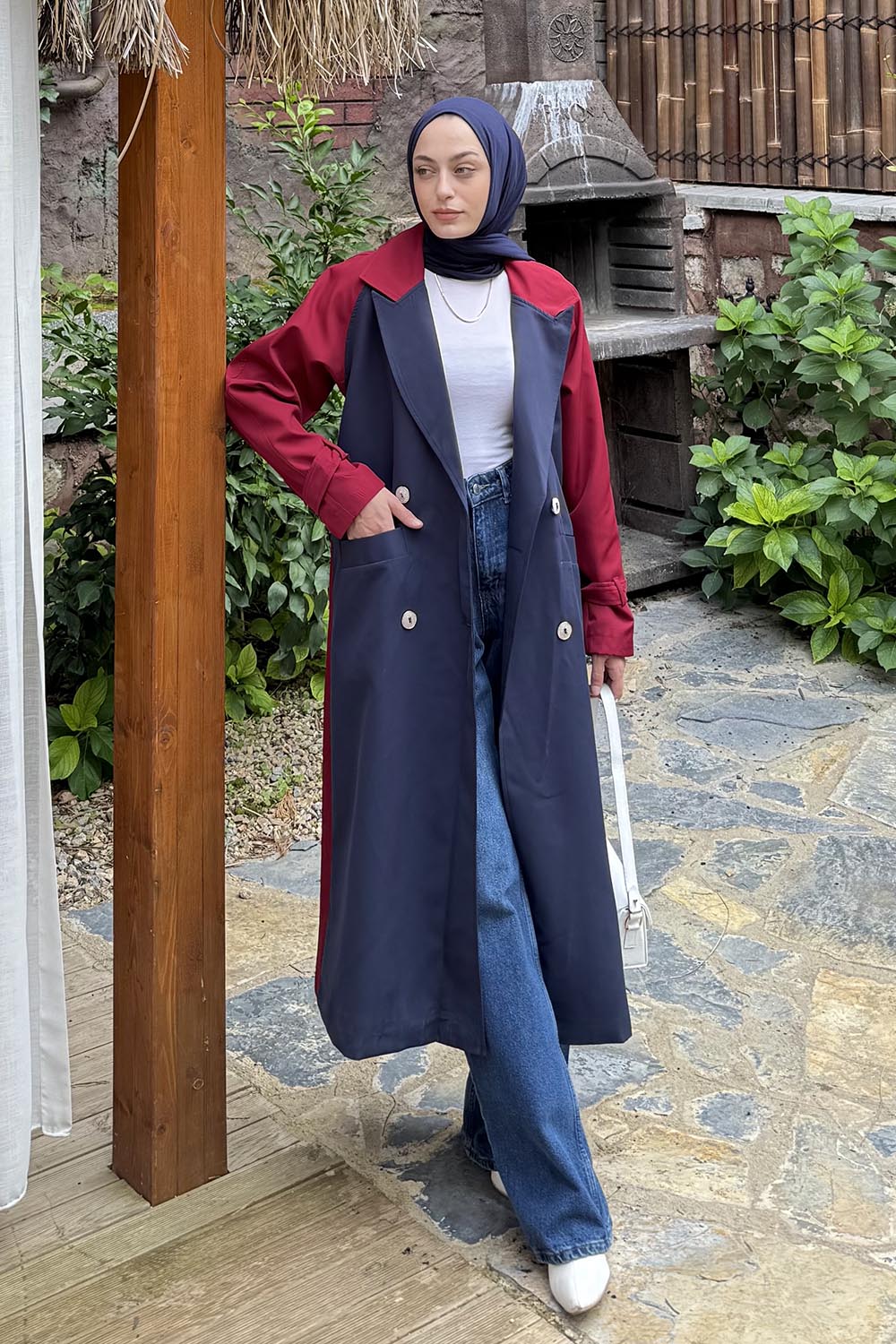 Lamelif Retrica İki Renk Trençkot  Bordo