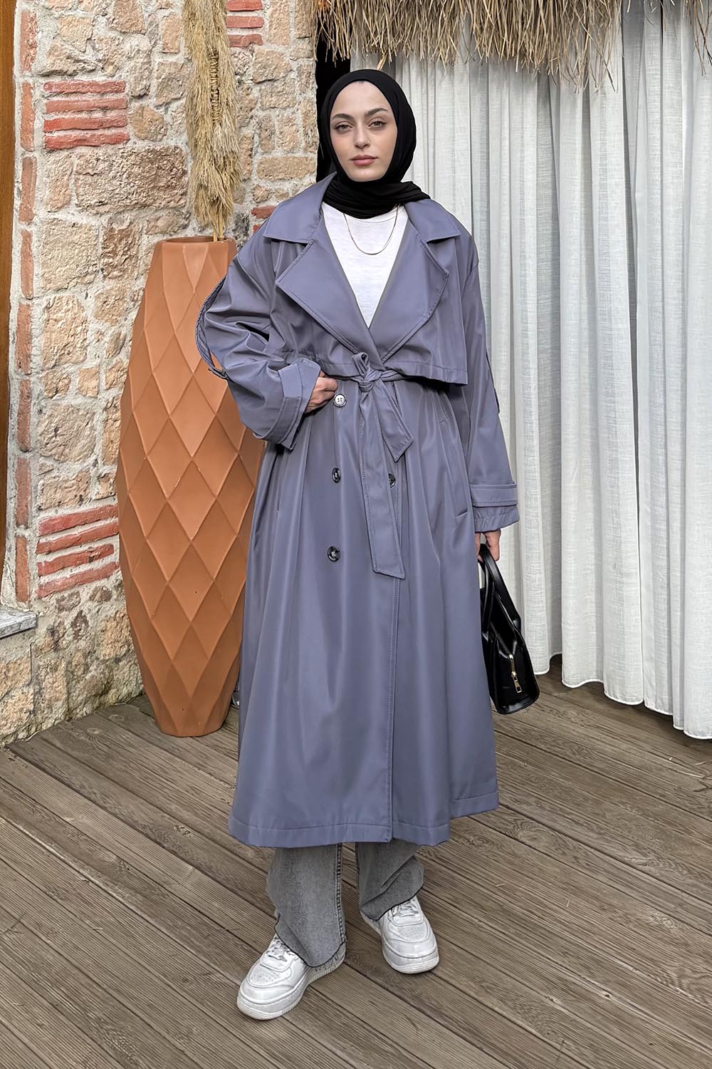 Lamelif Uzun Apoletli Oversize Trenç Antrasit