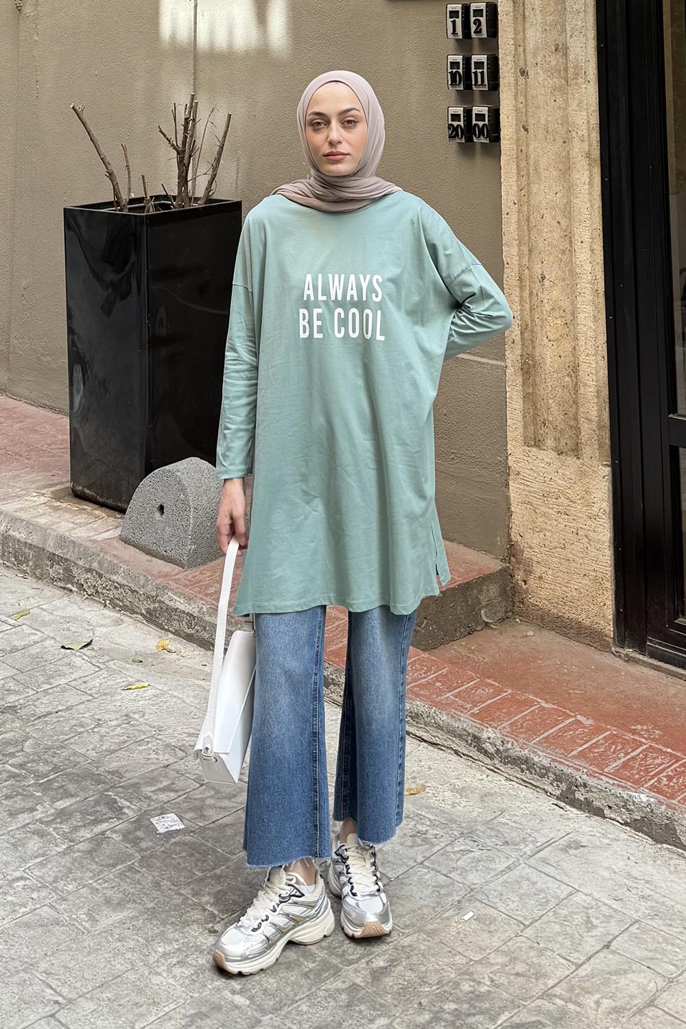 Plum Green Crew Neck Cotton Tunic