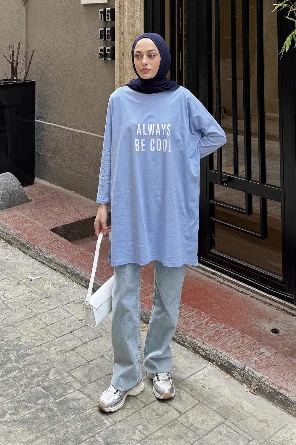 Blue Crew Neck Cotton Tunic