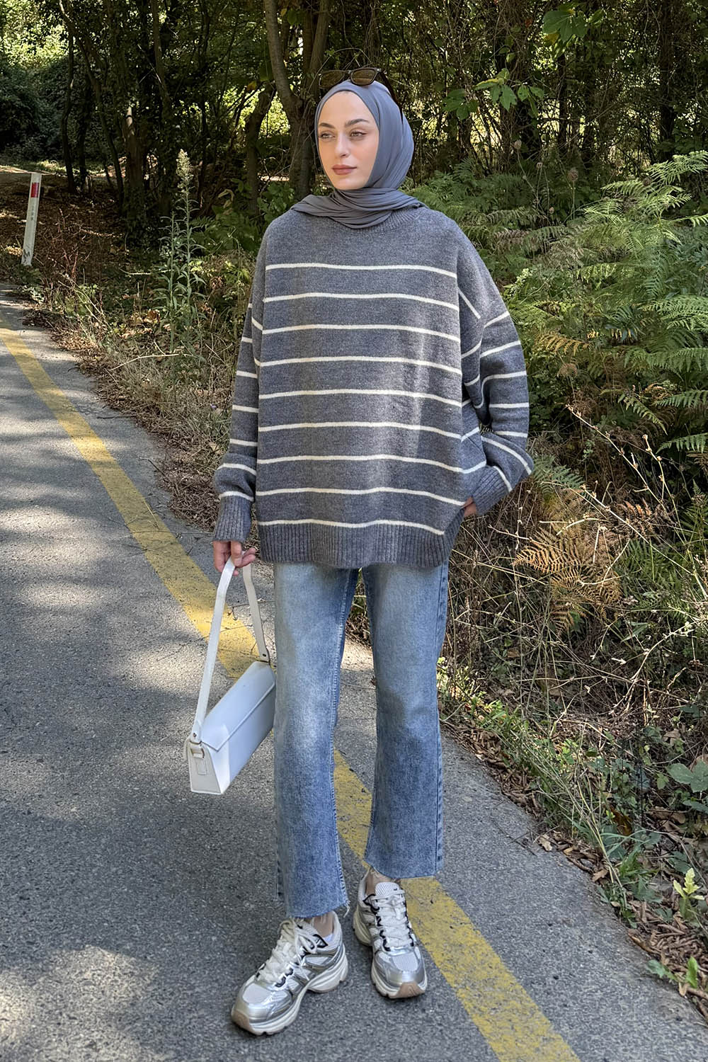 Lamelif Çizgili Triko Kazak Antrasit