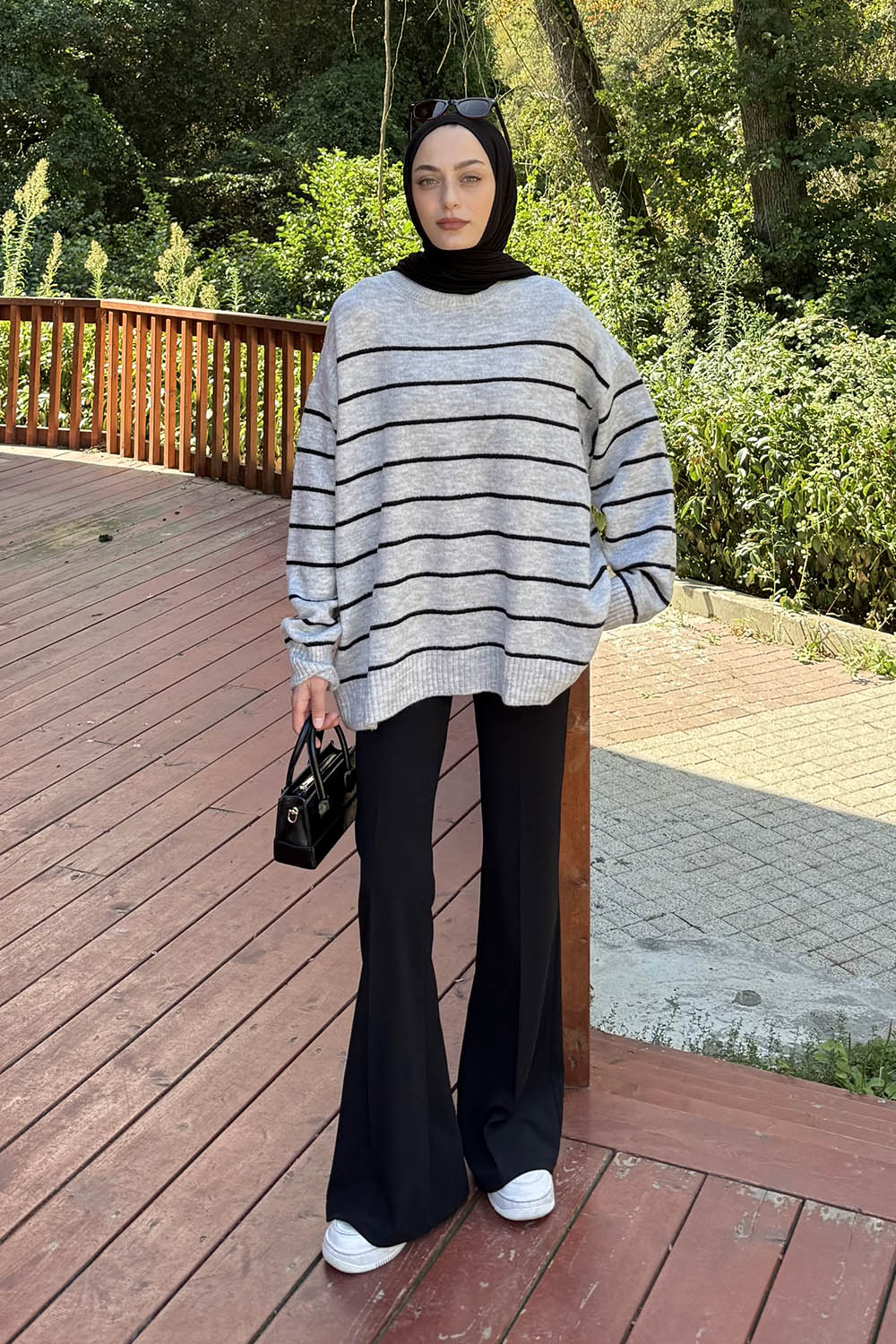 Lamelif Çizgili Triko Kazak Gri