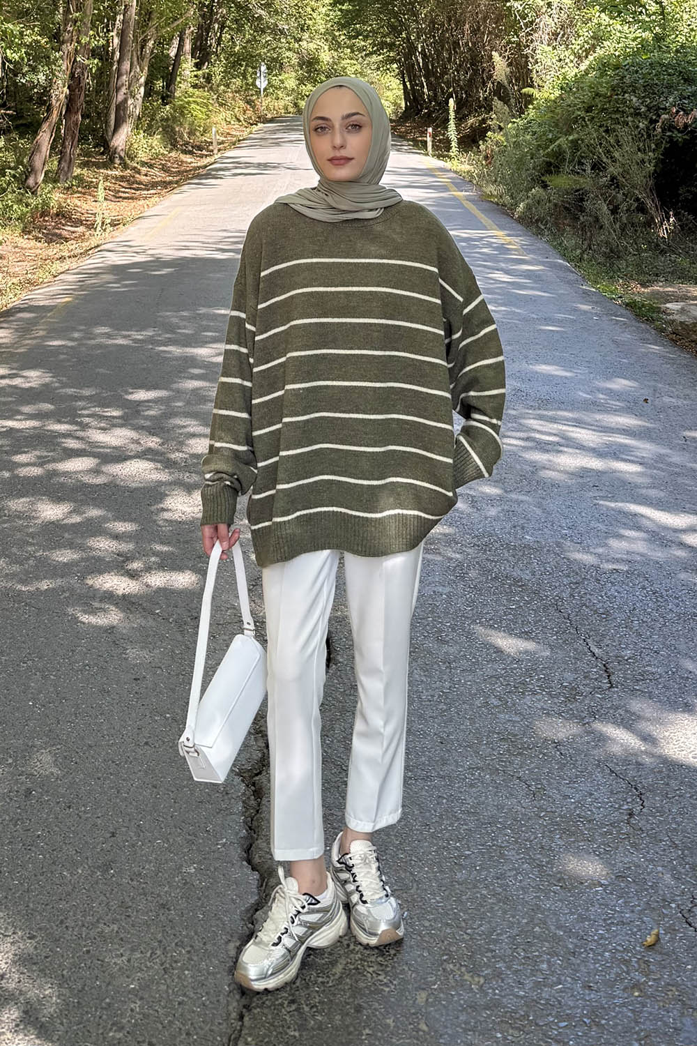 Lamelif Çizgili Triko Kazak Haki