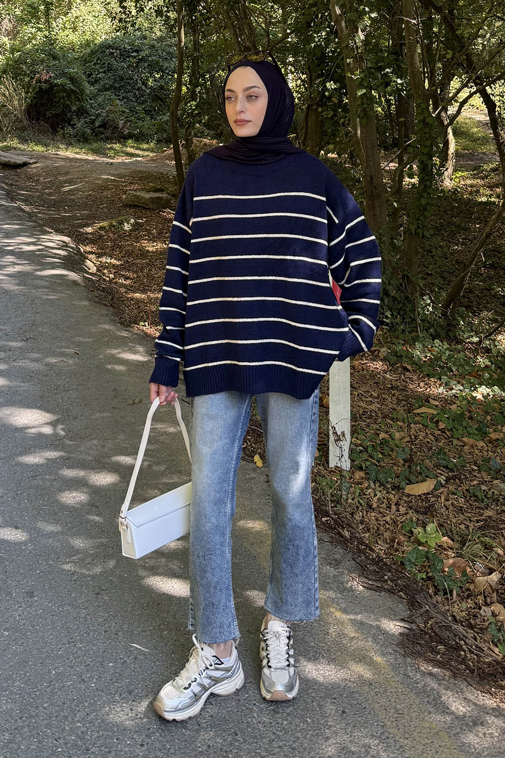 Lamelif Çizgili Triko Kazak Lacivert