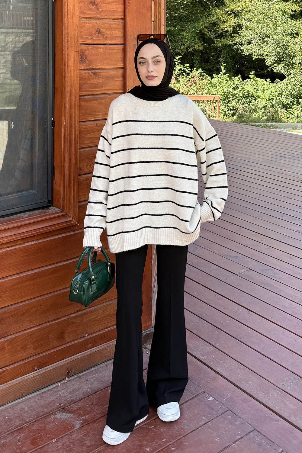 Lamelif Çizgili Triko Kazak Naturel