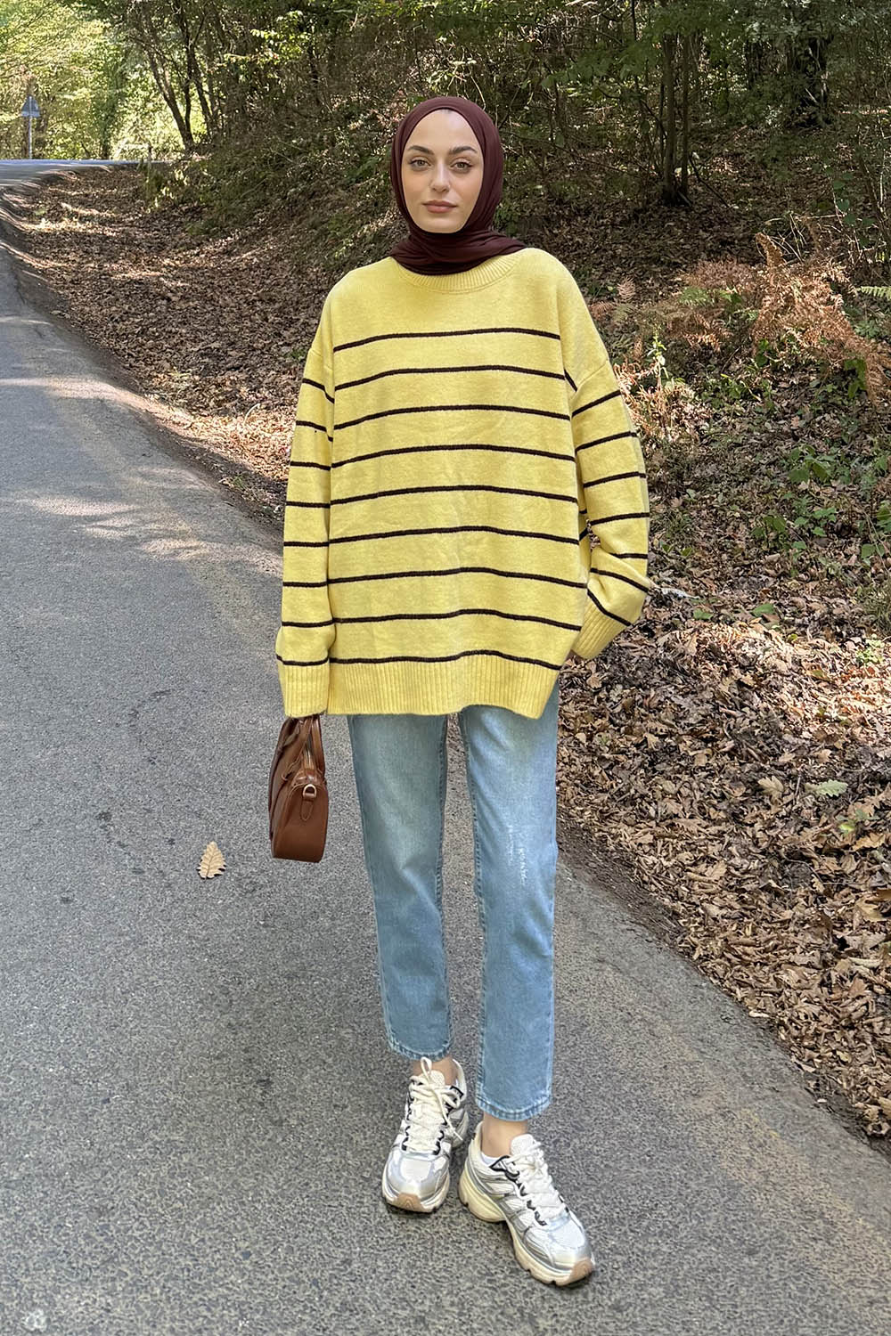 Lamelif Çizgili Triko Kazak Sarı