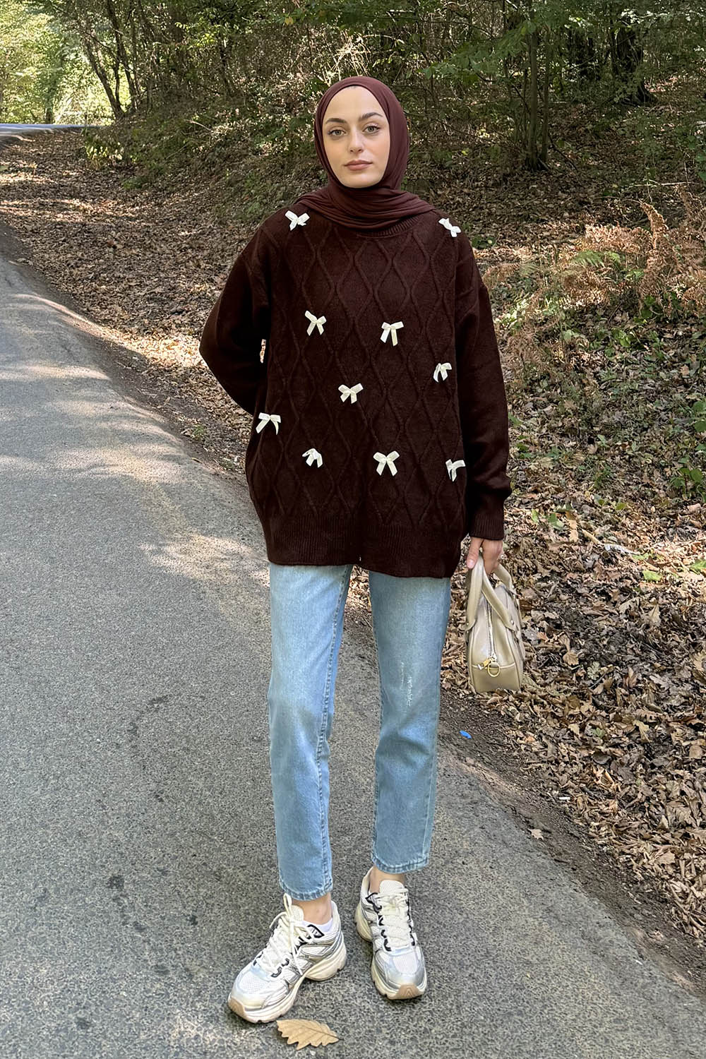 Lamelif Kurdeleli Triko Kazak Acı Kahve