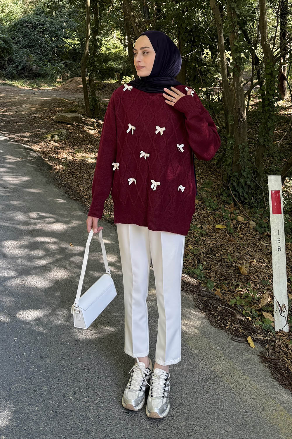 Lamelif Kurdeleli Triko Kazak Bordo