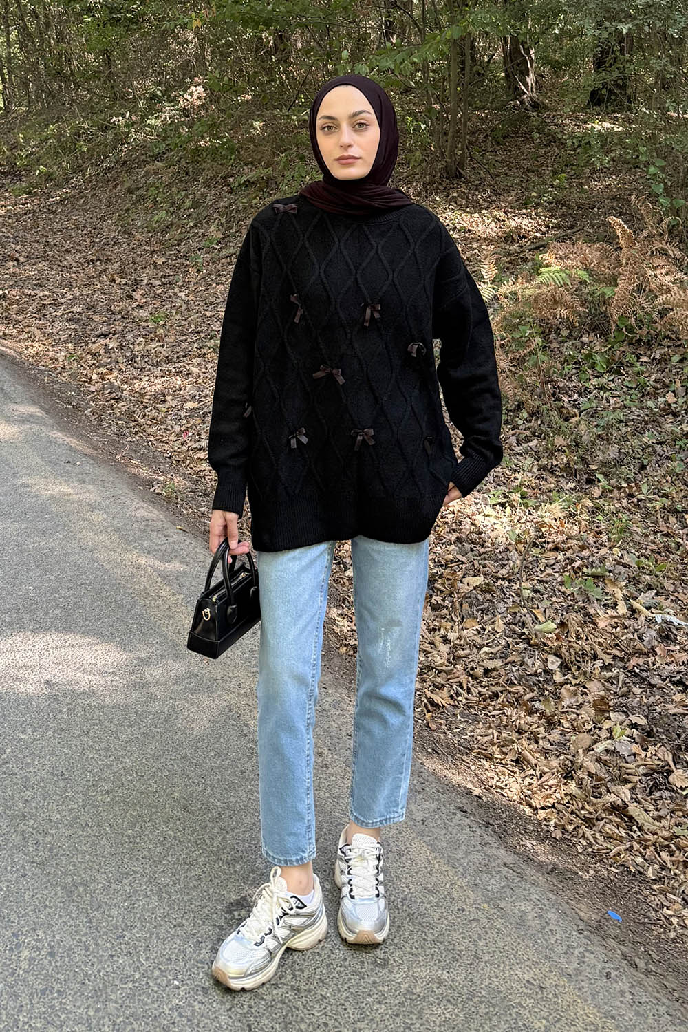 Lamelif Kurdeleli Triko Kazak Siyah