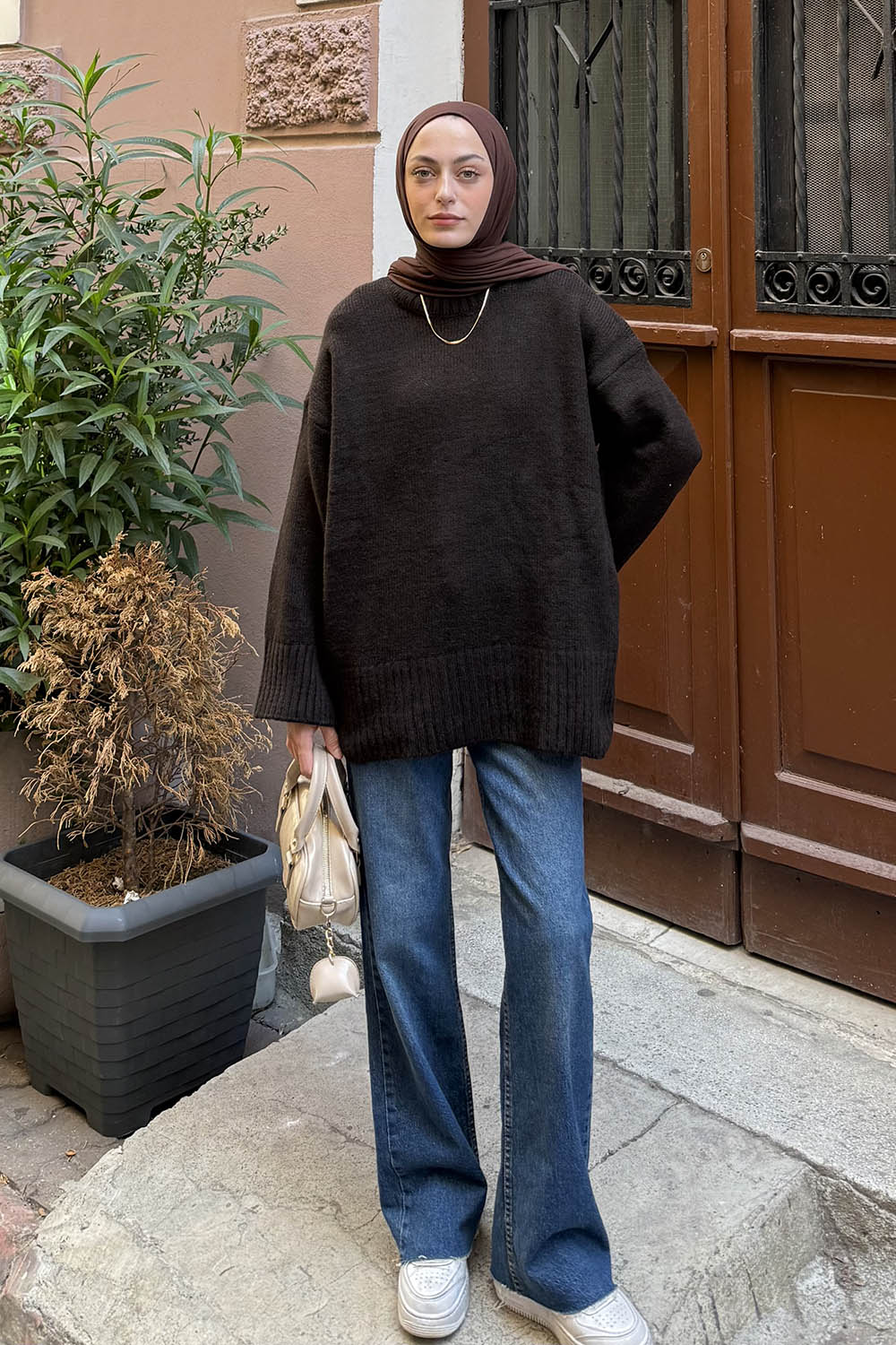 Lamelif Geniş Kollu Kazak Acı Kahve