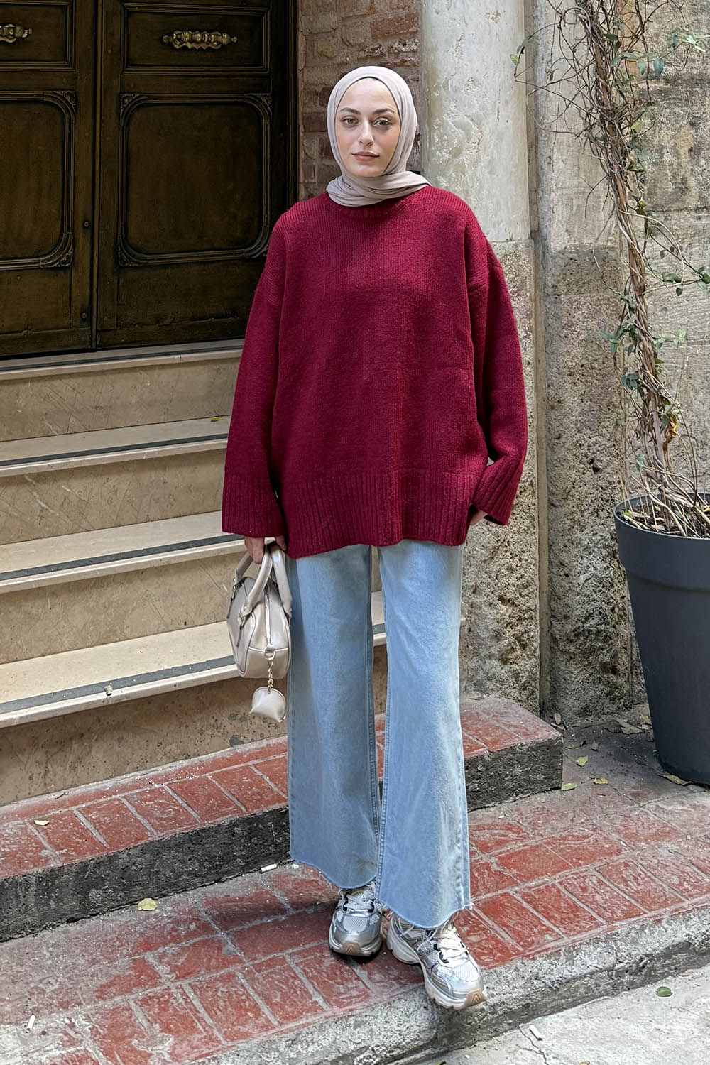 Lamelif Geniş Kollu Kazak Bordo