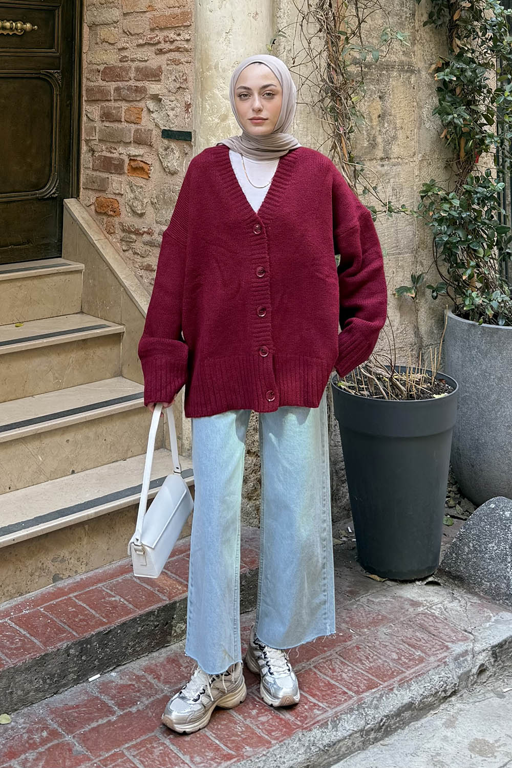 Lamelif Salaş Dokulu Basic Hırka Bordo