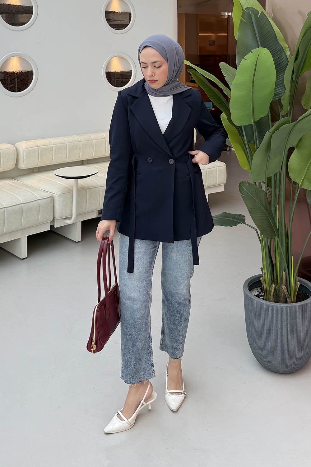 Lamelif Bağlama Detaylı Ceket Lacivert