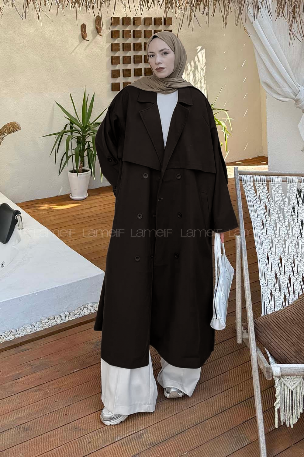 Lamelif Kuşaklı Poliviskon Trenç Koyu Kahve