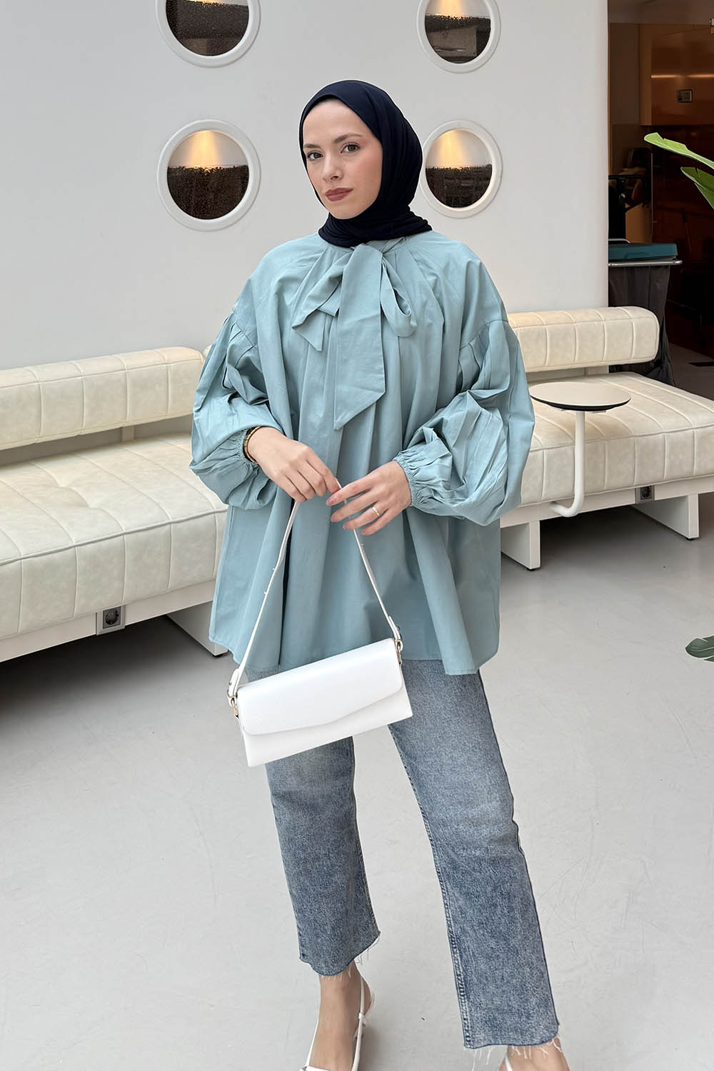 Lamelif Yaka Fular Detaylı Gömlek Mint Yeşili