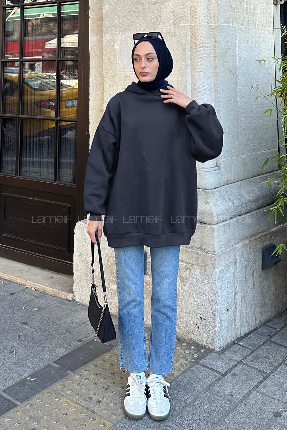 Lamelif Kapüşonlu Salaş Sweatshirt Koyu Lacivert