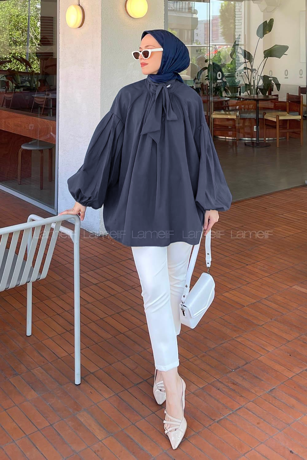 Lamelif Yaka Fular Detaylı Gömlek Koyu Lacivert