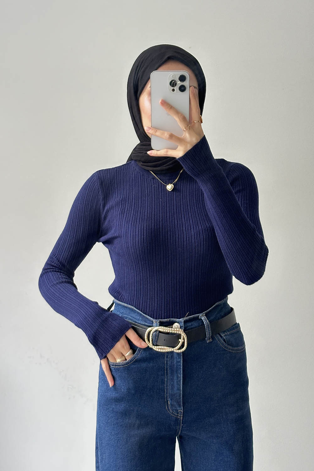 Lamelif Bisiklet Yaka Fittilli Triko Body Lacivert